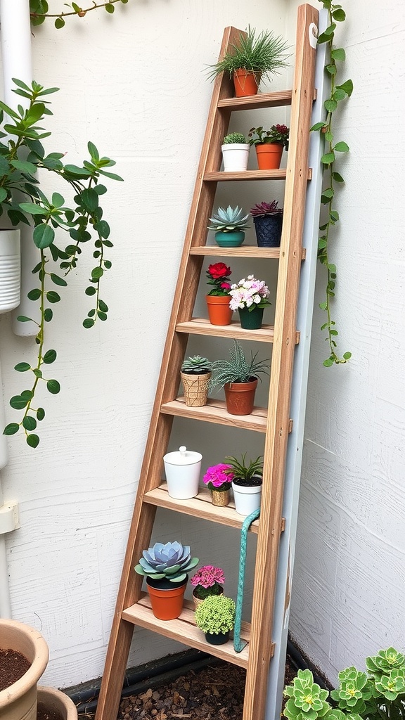 A wooden ladder repurposed into a plant stand with various colorful pots of plants arranged on its steps.