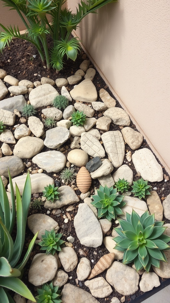 A rock garden featuring various succulents and stones.