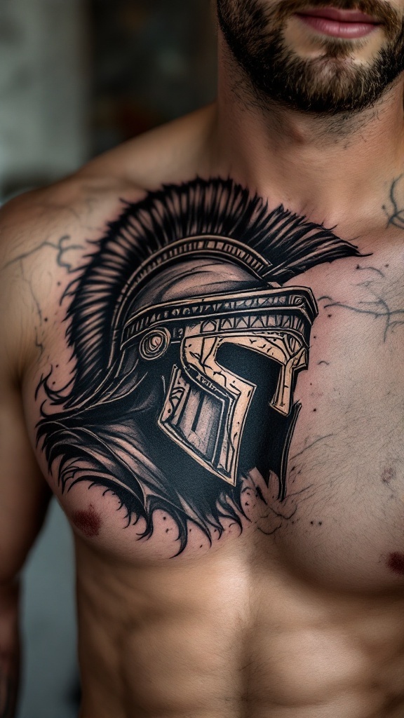 A detailed Roman gladiator tattoo on a man's chest, featuring a helmet and flowing hair.