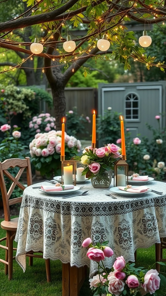 A romantic candlelit garden dining area with a table set for dinner, surrounded by blooming roses and soft lighting.