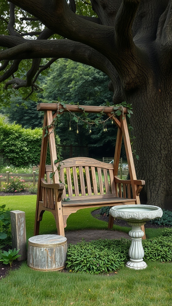 A wooden swing in a lush green garden