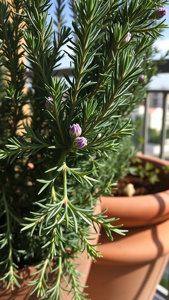 Close-up of rosemary plant with purple buds in a pot.