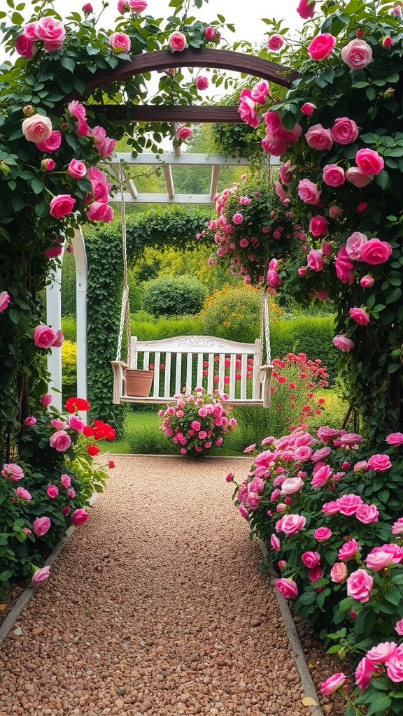 A beautiful garden path adorned with pink roses and a swing surrounded by climbing vines.