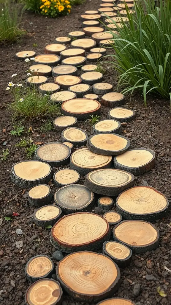 A rustic pathway made of log slices through a garden.