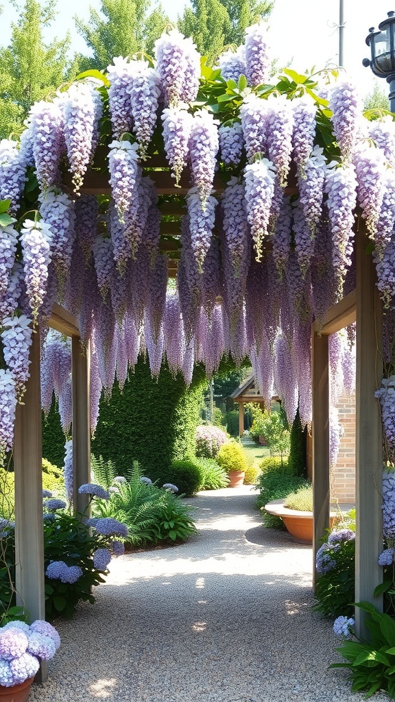 A rustic wooden arbor covered in cascading purple wisteria flowers, leading to a serene garden path.