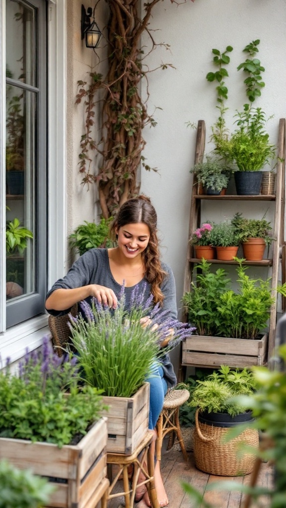 A woman tending to her wooden balcony garden filled with herbs and plants.