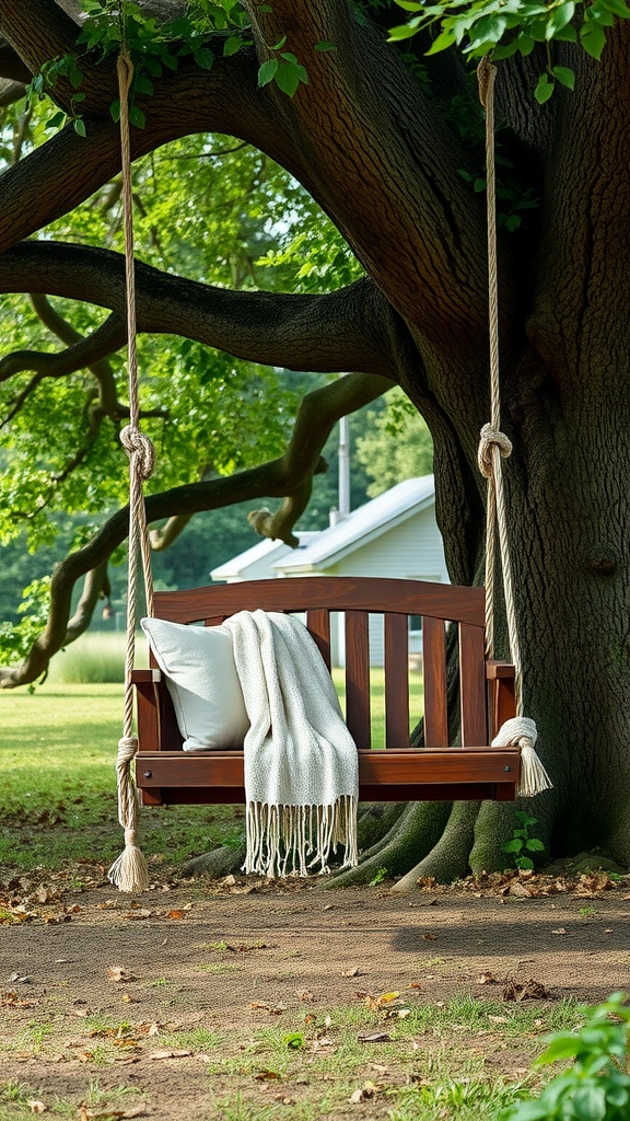 Rustic wooden swing hanging from a tree with a blanket and pillow.