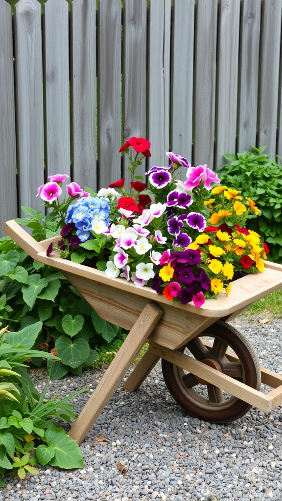 A rustic wooden wheelbarrow filled with colorful flowers, set against a garden backdrop.