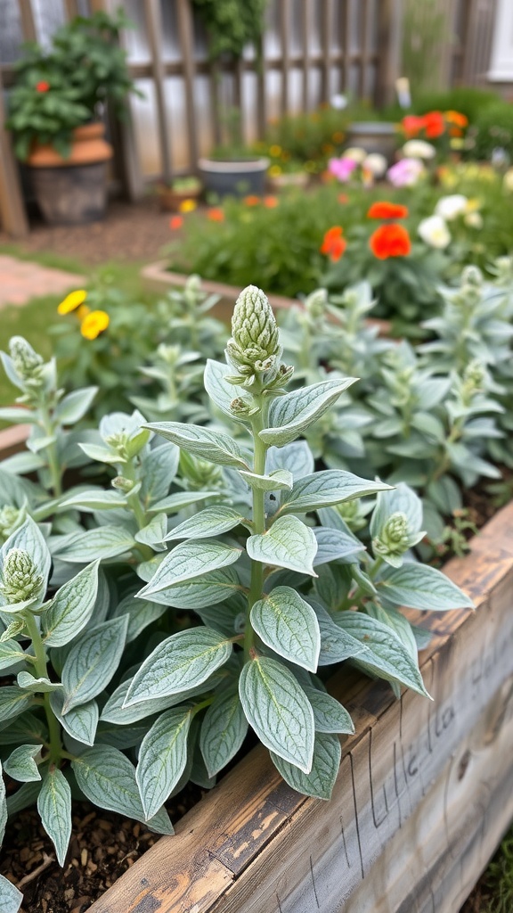 A close-up view of a healthy sage plant with vibrant green leaves and flower buds in a garden setting.