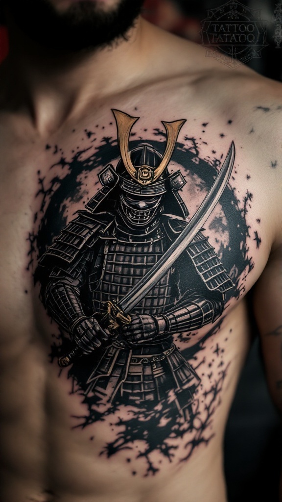 Tattoo of a Samurai warrior on the chest