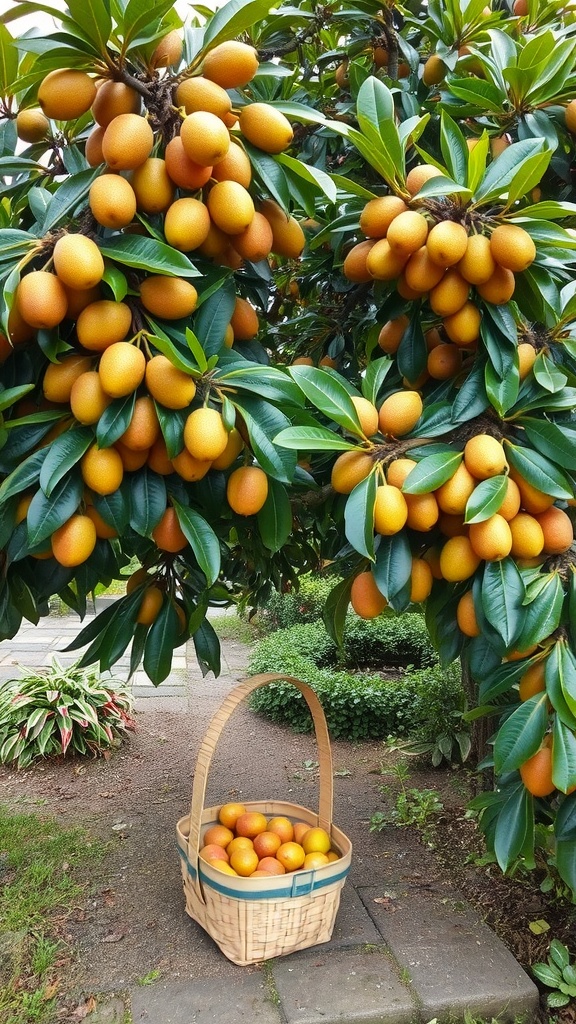 A cluster of sapodilla fruits hanging from a tree with a basket full of them on the ground.