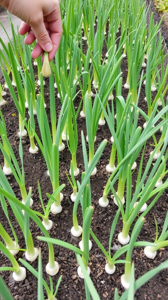 A hand holding a scallion with a row of scallions growing in the garden.