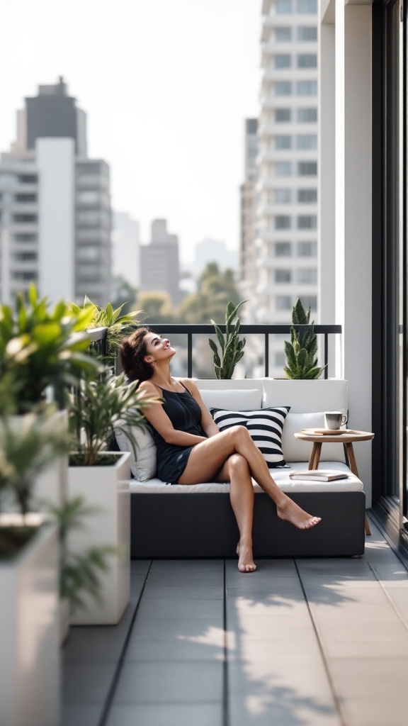 A woman enjoying a Scandinavian-inspired balcony garden with green plants and a modern seating area.