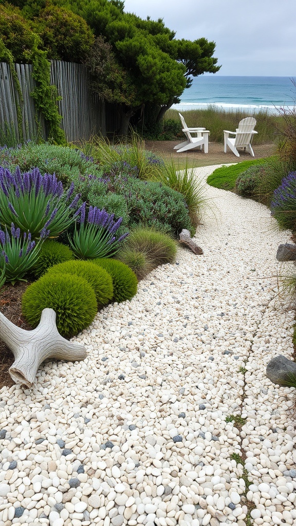 A serene coastal garden pathway made of seashells, surrounded by colorful plants and two white Adirondack chairs.