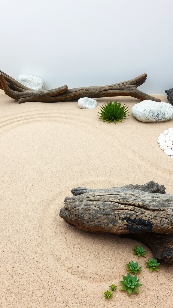 A serene seaside zen garden featuring sand, driftwood, stones, and small plants.