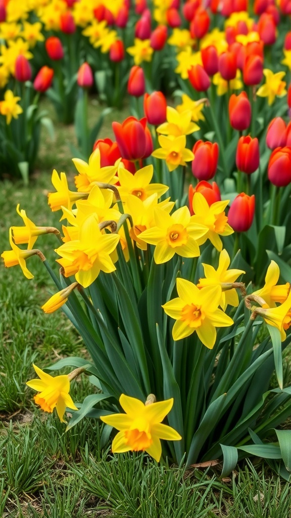 A vibrant flower bed featuring bright yellow daffodils and red tulips.