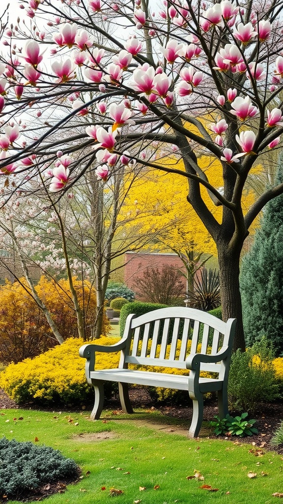 A serene garden scene with blooming magnolia trees and a wooden bench.