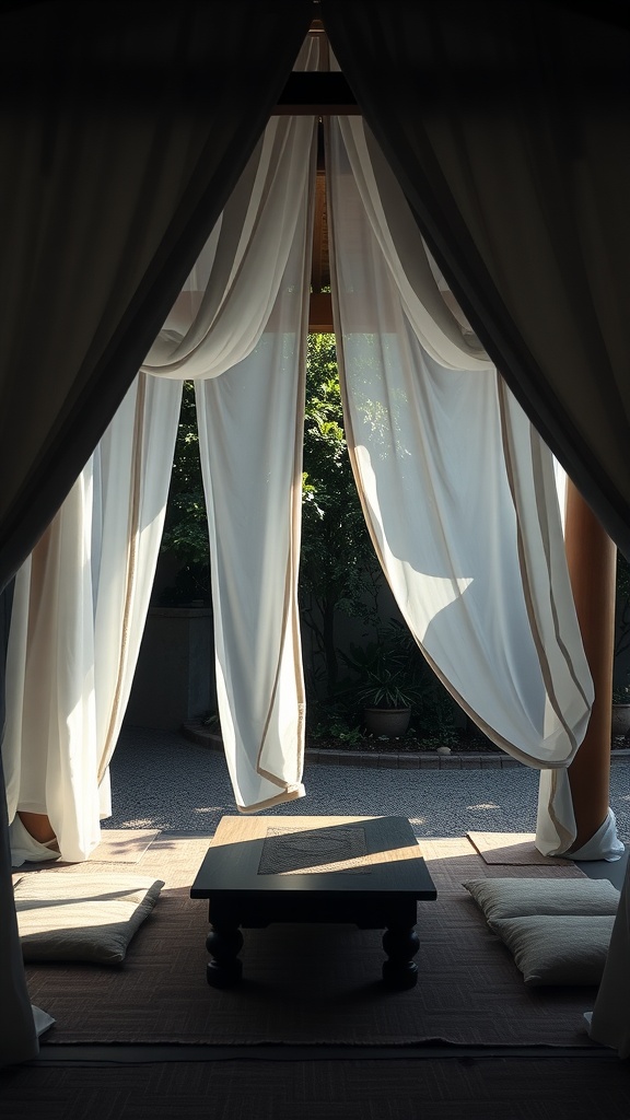 View of a serene garden pavilion with soft curtains and a small table