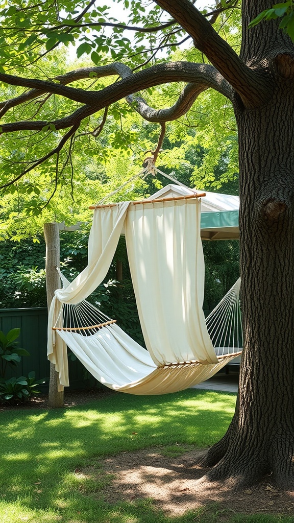 A cozy hammock strung between trees in a lush garden.