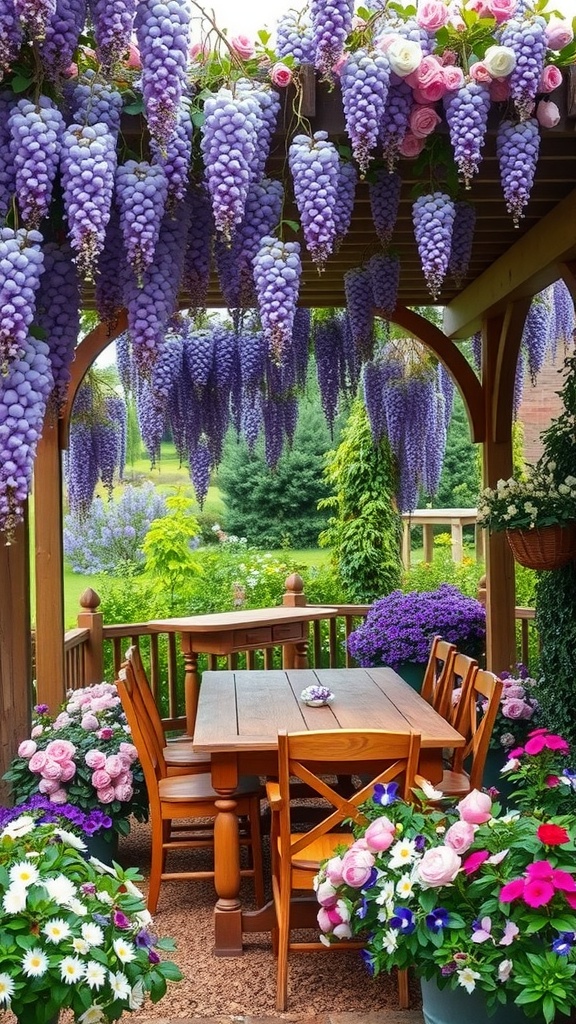 A shaded pergola covered in purple wisteria and pink roses with a wooden table and chairs surrounded by colorful flowers.