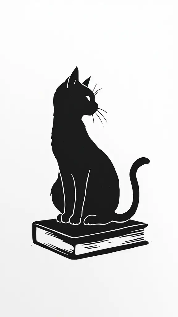 A black silhouette of a cat sitting on top of a book.