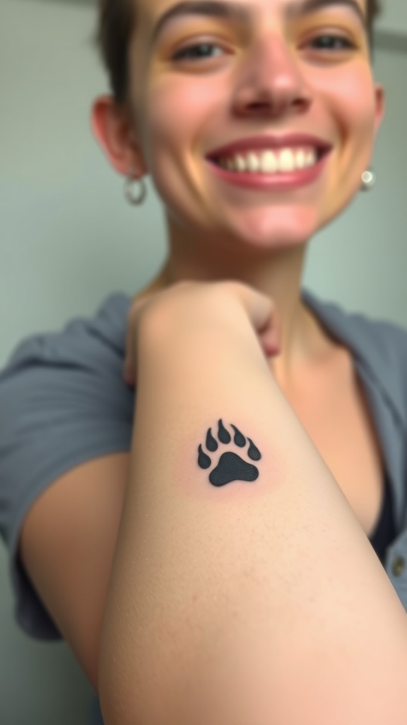 A close-up of a simple bear paw tattoo on the inner arm of a smiling person.