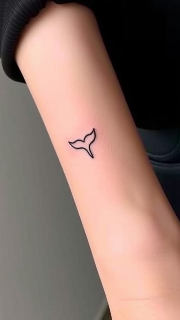 A minimalist tattoo of a whale tail on the forearm.