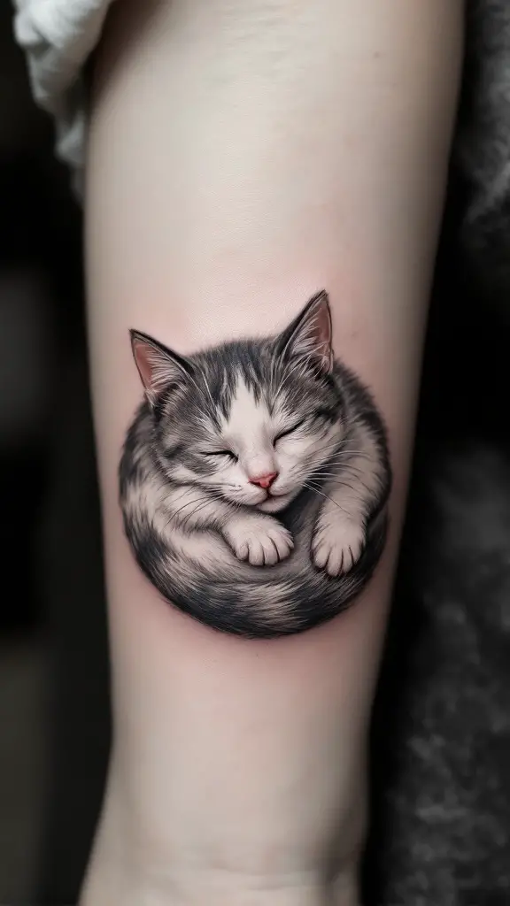 A tattoo of a sleeping cat, showcasing its serene expression and curled-up position.