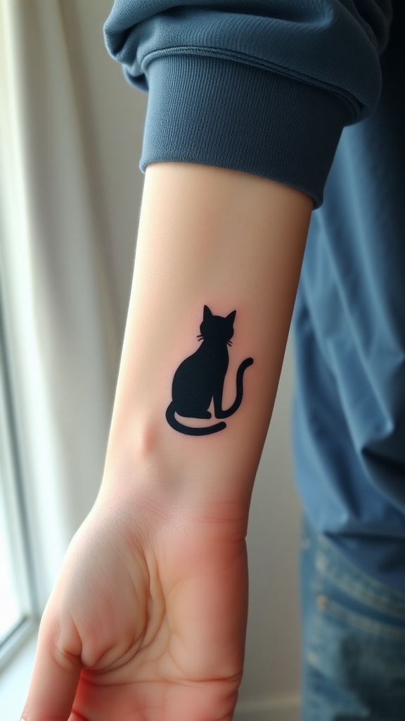 A small black silhouette tattoo of a cat on a person's forearm.