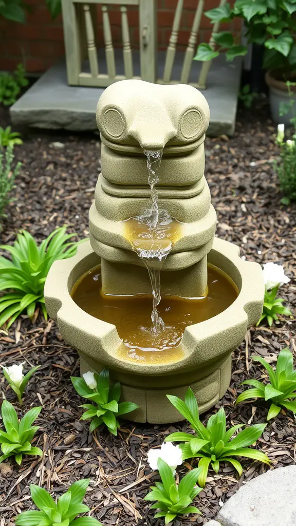 A small corner fountain with a whimsical design, featuring cascading water amid green plants.
