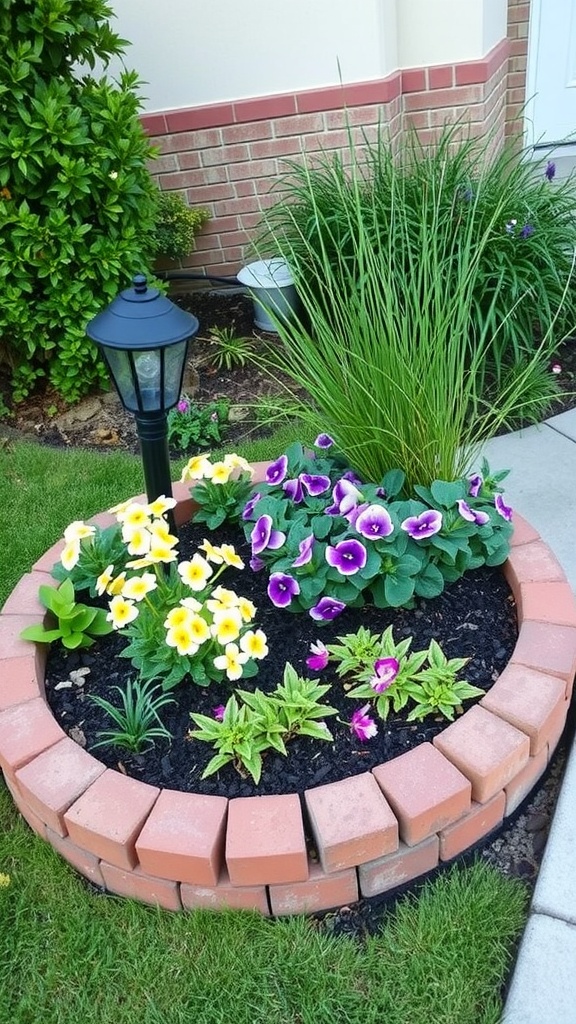 Colorful small flower bed with yellow pansies, purple blooms, and ornamental grass, bordered by bricks and featuring a lamp post.