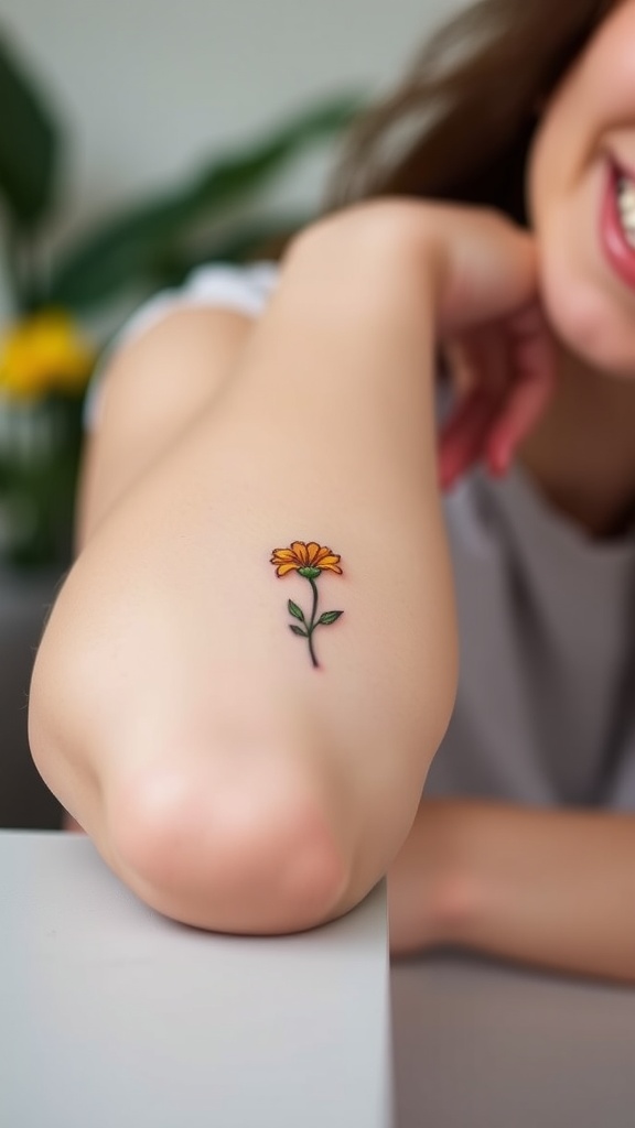 A close-up of a small marigold tattoo on the elbow of a smiling person