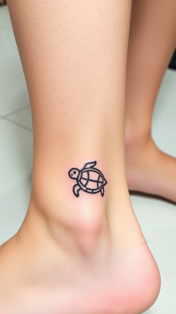 A small minimalist turtle tattoo on an ankle, featuring clean lines and simple design.