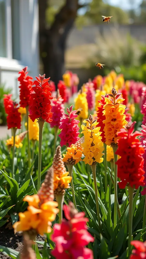 Colorful snapdragon flowers in a garden with bees flying around.