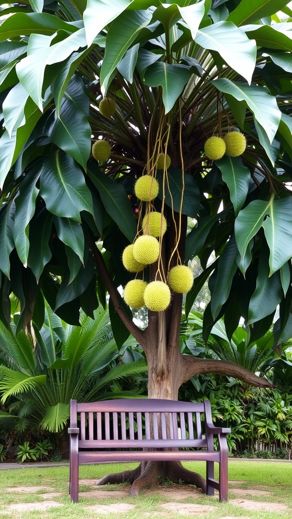 A large soursop tree with green leaves and hanging fruits.