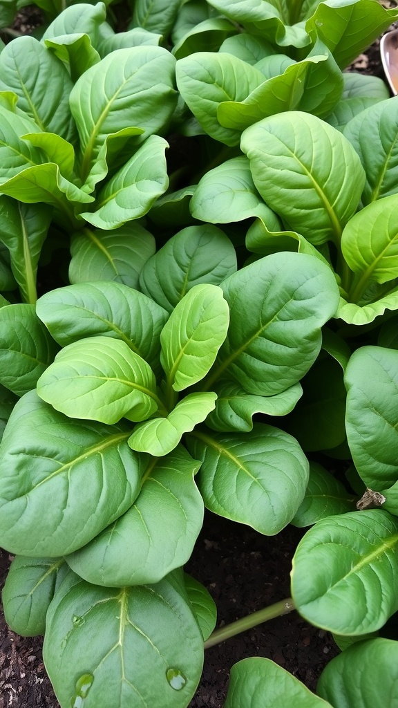 Close-up of fresh green spinach leaves in a garden.