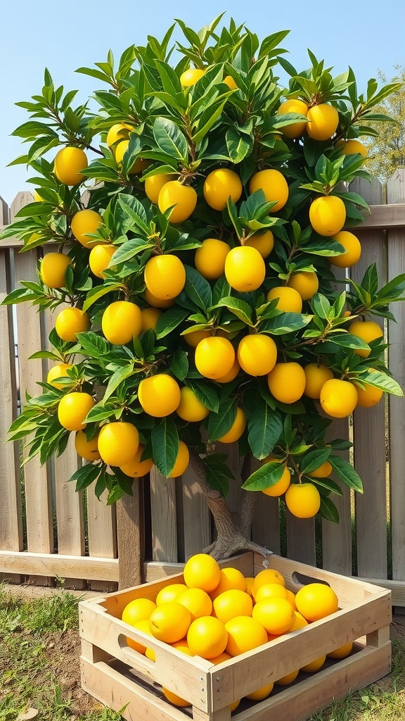 A vibrant starfruit tree laden with bright yellow fruits.