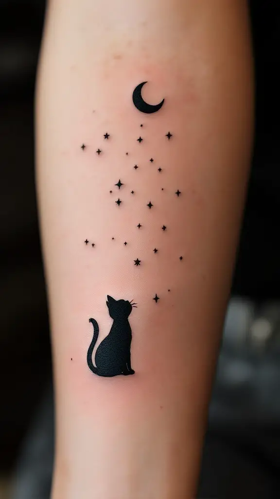 A tattoo of a cat silhouette with stars and a crescent moon