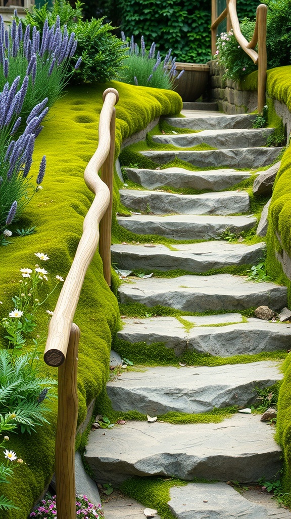 Stone garden steps surrounded by moss and colorful flowers