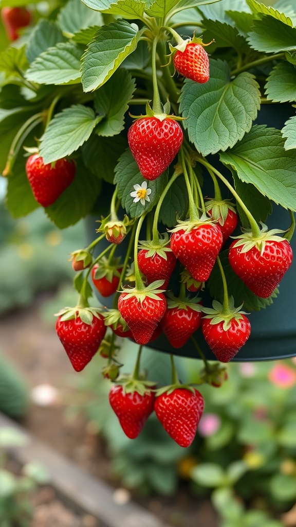 A vibrant hanging pot filled with ripe strawberries and lush green leaves.