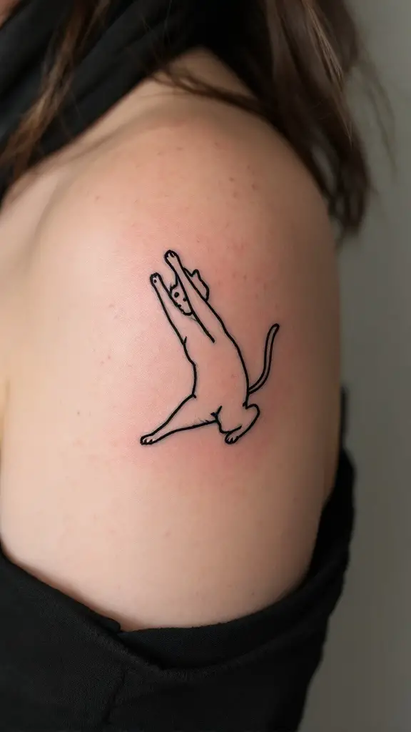Tattoo of a stretching cat on a person's shoulder