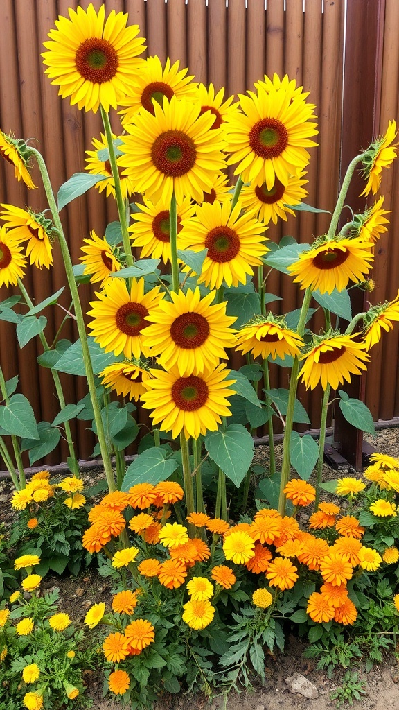 A vibrant flower bed featuring tall sunflowers surrounded by orange flowers.