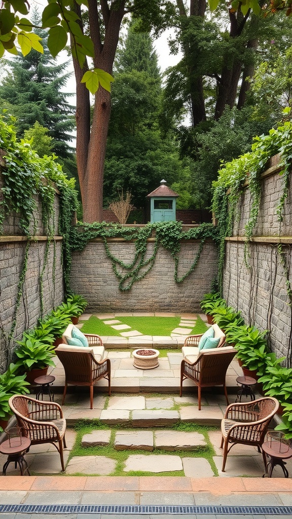 A serene sunken garden with seating, surrounded by greenery and stone walls.