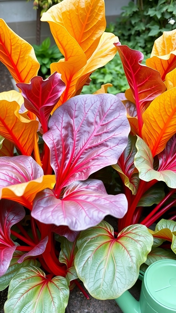 Brightly colored Swiss chard leaves in a garden setting