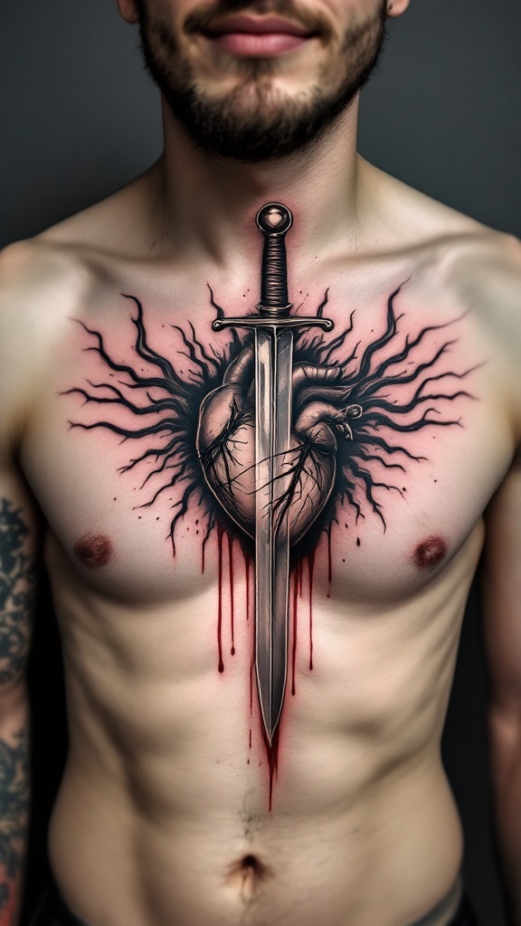 Sword piercing through a heart tattoo on a man's chest.