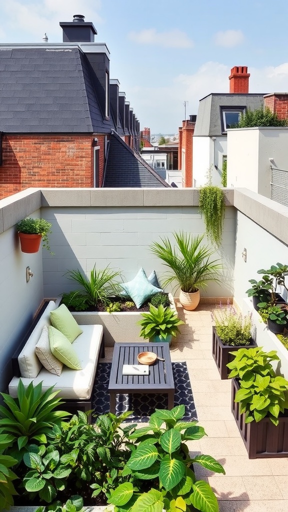 A cozy terrace garden with seating, surrounded by plants and greenery.