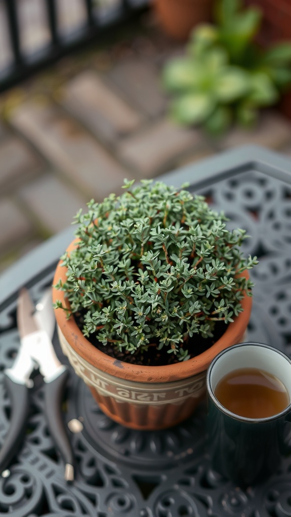 A pot of thyme on a table with gardening tools and a cup of tea