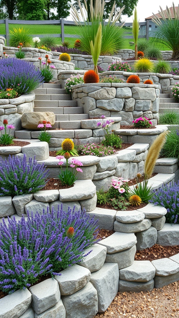 A beautiful tiered flower bed on a slope featuring various colorful plants and stones.