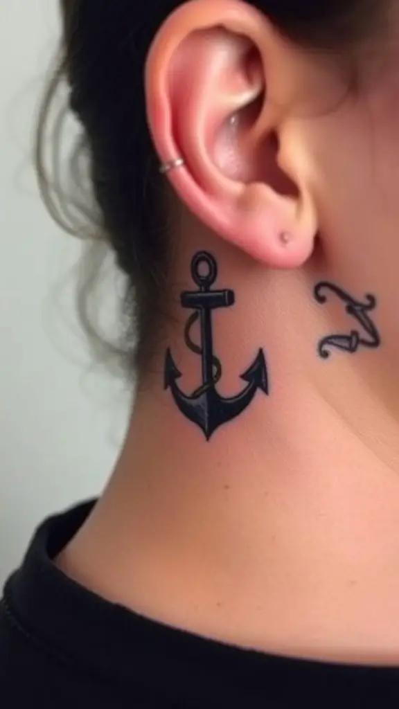 A tiny anchor tattoo is placed behind the ear of a person.