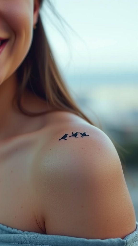 A close-up of a shoulder tattoo featuring three tiny birds in flight.